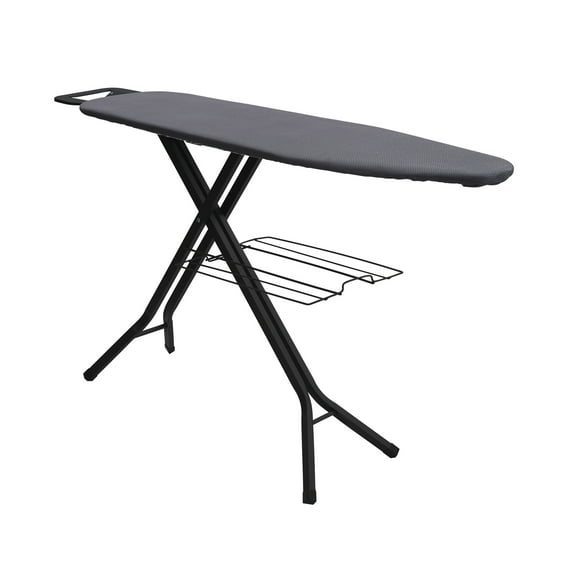 Household Essentials Deluxe Matte Black Ironing Board with Mesh Steel Top, 4 Durable Hex Legs, Heat-Resistant FiberTech Cover and (6 MM)Fiber Pad, 4 Height Settings, Leg Caps and Iron Rest
