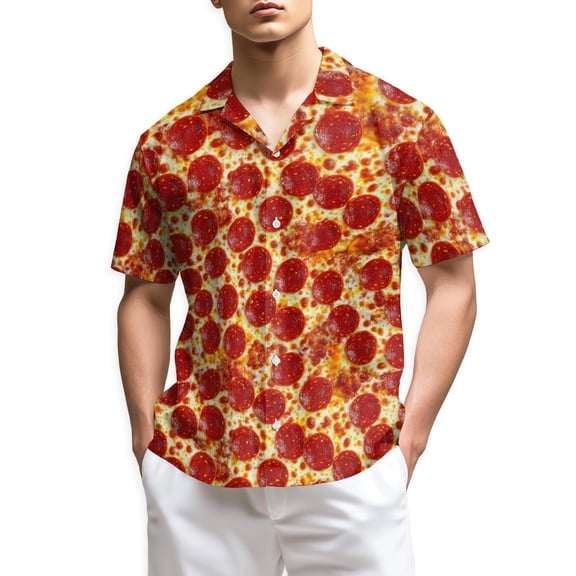 Netecom Pepperoni Pizza Hawaiian Shirt for Men, Food Lover Gifts, Tropical Summer Beach Button Down Short Sleeve Shirts, S-5XL
