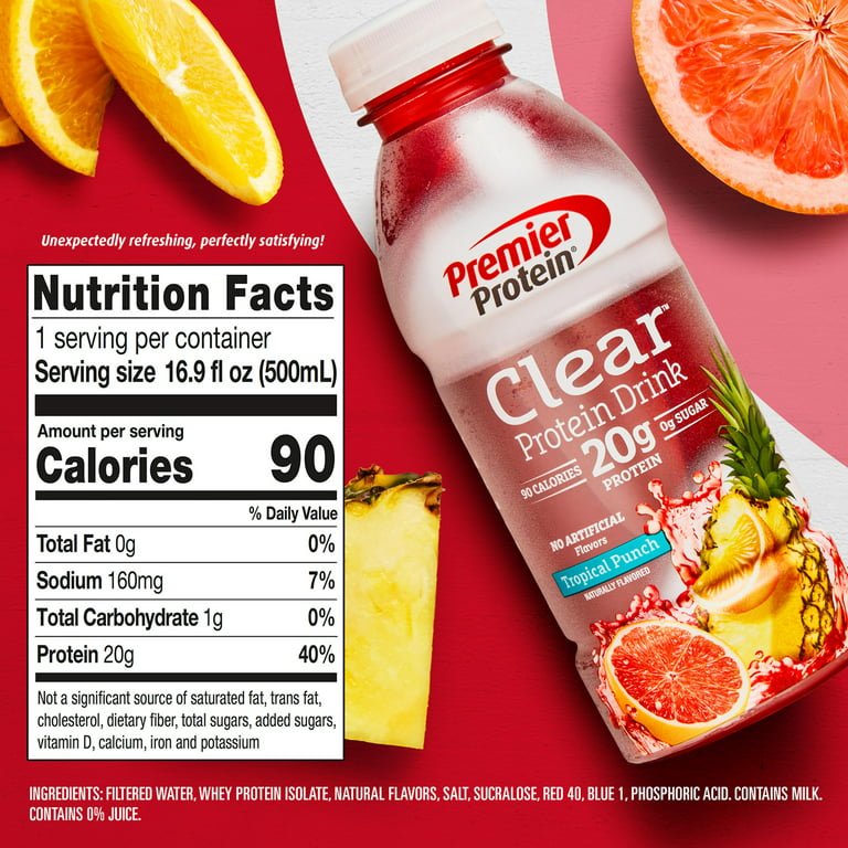 Premier Protein Clear Protein Drink, Tropical Punch, 20g Protein, 16.9 Fl  Oz, 12 Ct 