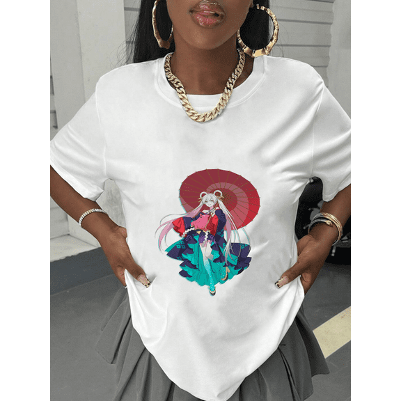 Scarlet Wagasa Elegance Kaguya's Silver-Twin-Tail Neo-Wafu Anime Girl Graphic Front Print White T-Shirt