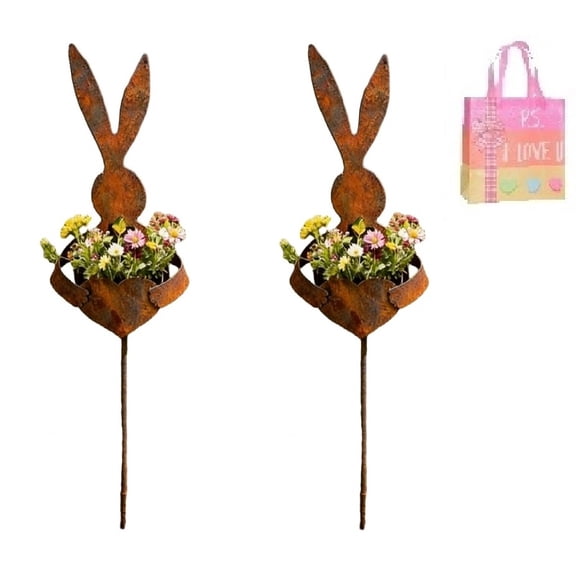 Easter Garden Decor, 2 Pack Rustic Metal Rabbit Plant Stakes for Pots, Vintage Patina Outdoor Bunny Decor for Spring, Easter, Home & Yard(XX)