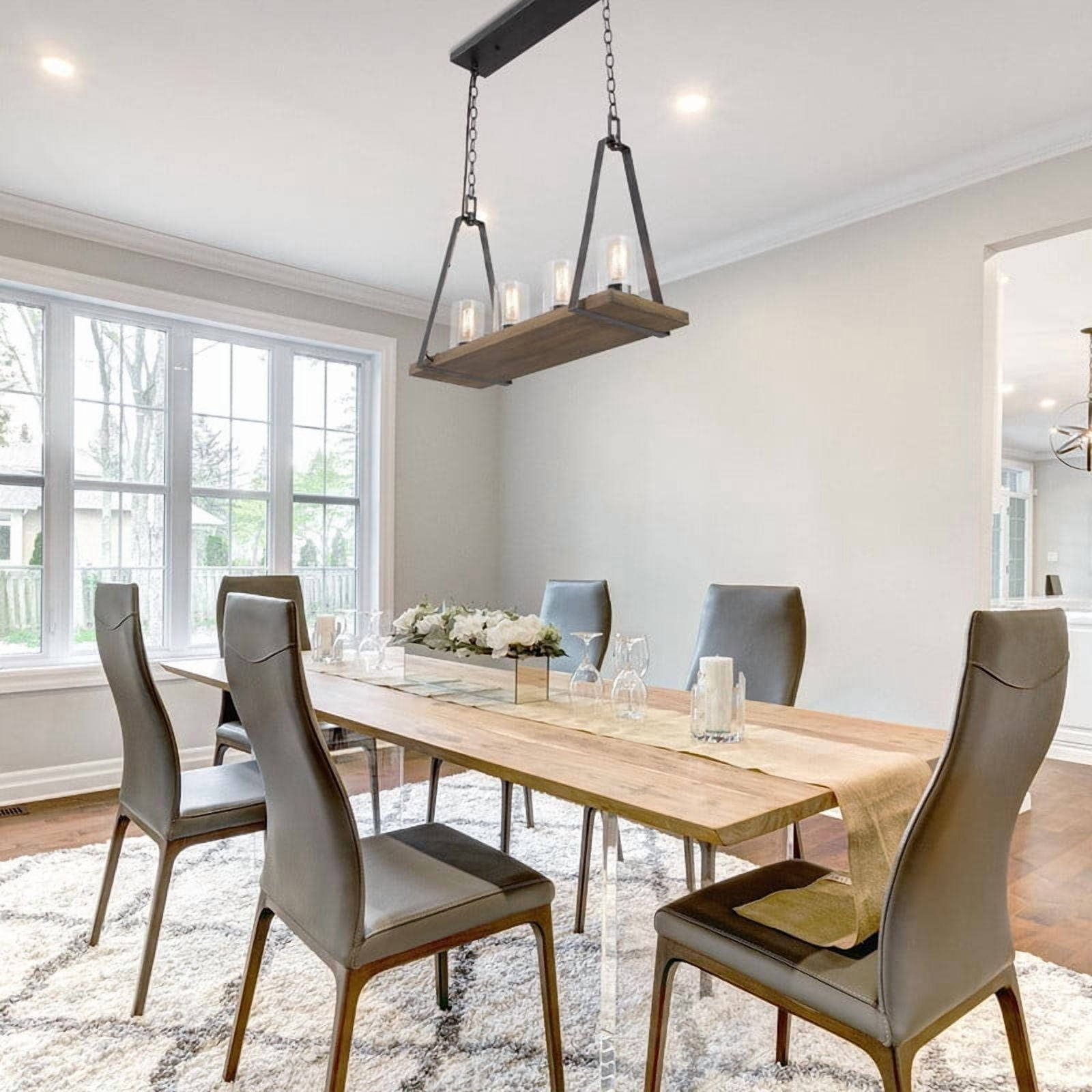 LNC Berthelotii 4-Light Linear Island Light with Clear Glass Shades and Faux Wood Accents