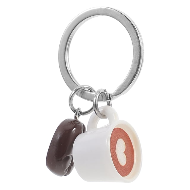 Lindo llavero con forma de taza de café y granos de café, ideal para colgar en la mochila o en el bolso.