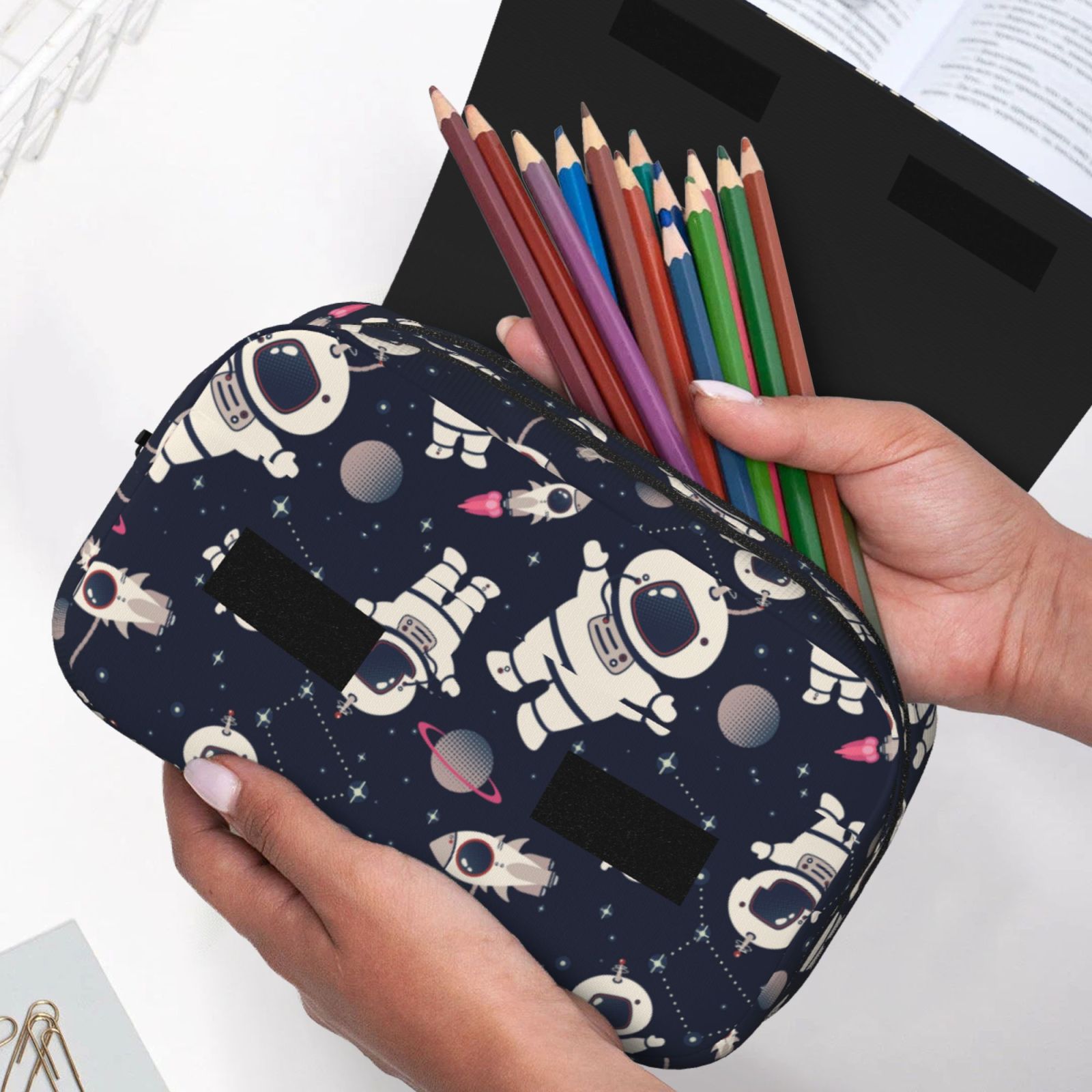 Rateoe Cartoon Spaceship Pattern Double Clamshell Pen Case, Storage Organizer with Two Zipper Compartments– Holds Up to 50 Pencils & Pens