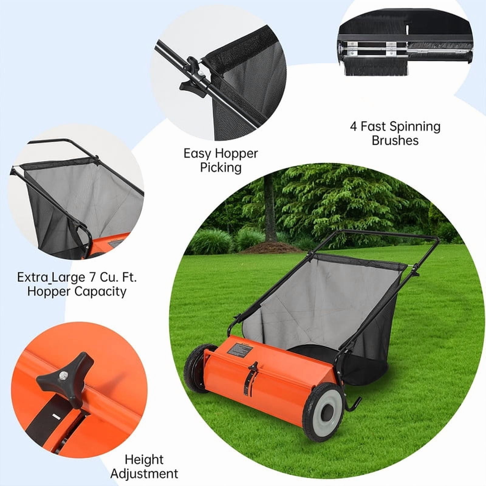 26" Heavy-Duty Push Lawn Sweeper - 4 Spinning Brushes, 7Ft³ Large Capacity Collection Bag, Adjustable Height for Grass, Leaves & Debris, Orange