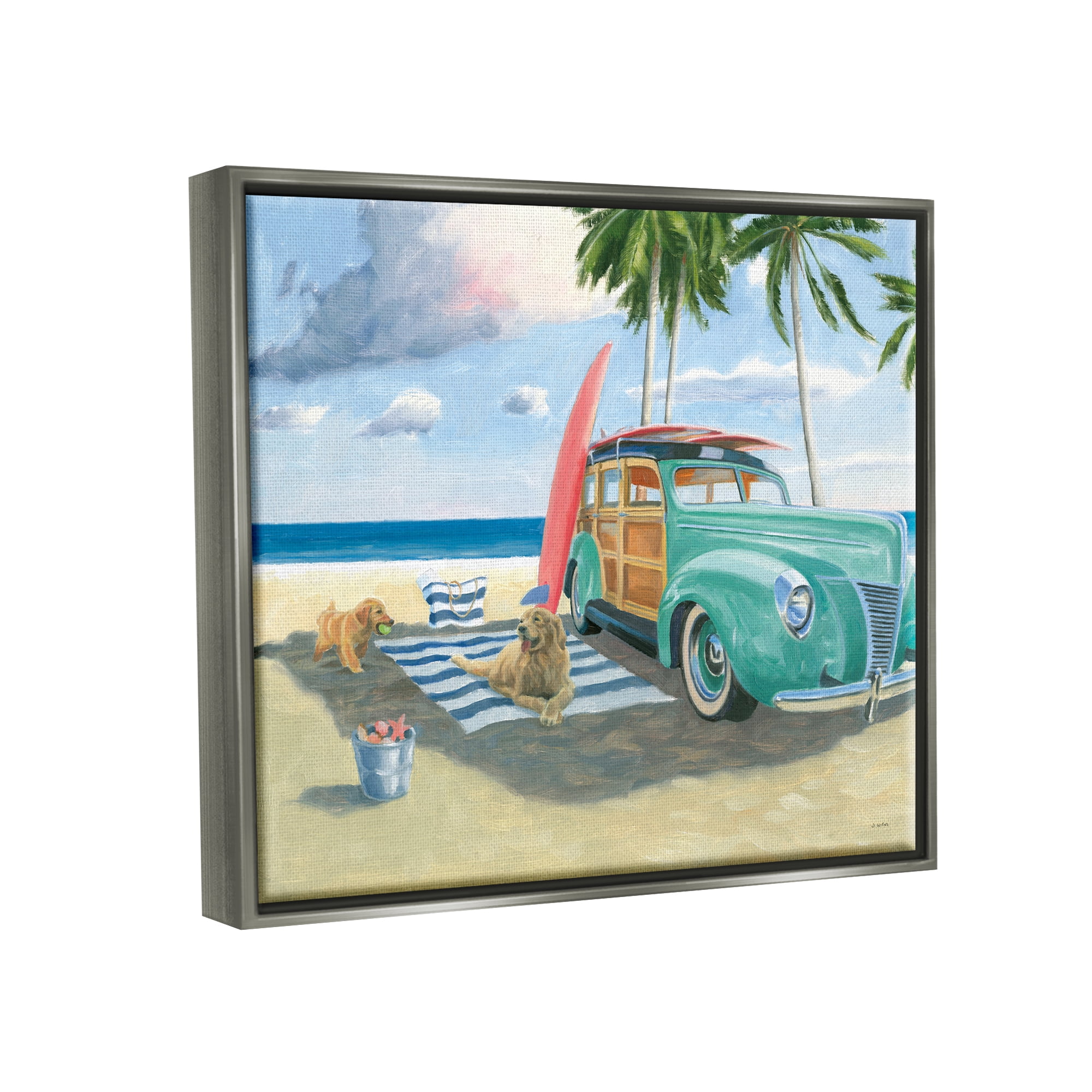 Stupell Industries Dogs on Beach Shore Animals & Insects Painting Gray Floater Framed Art Print Wall Art, 21 x 17