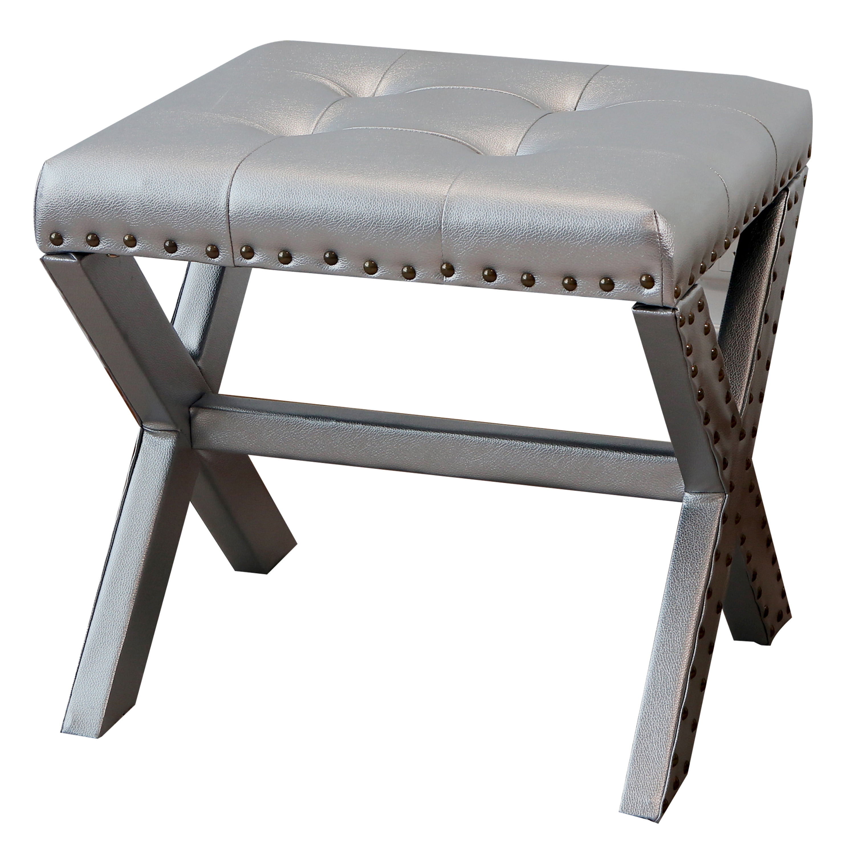 20" Chic Silver Polyester Vanity Stool with Nailhead Trim, Set of 2