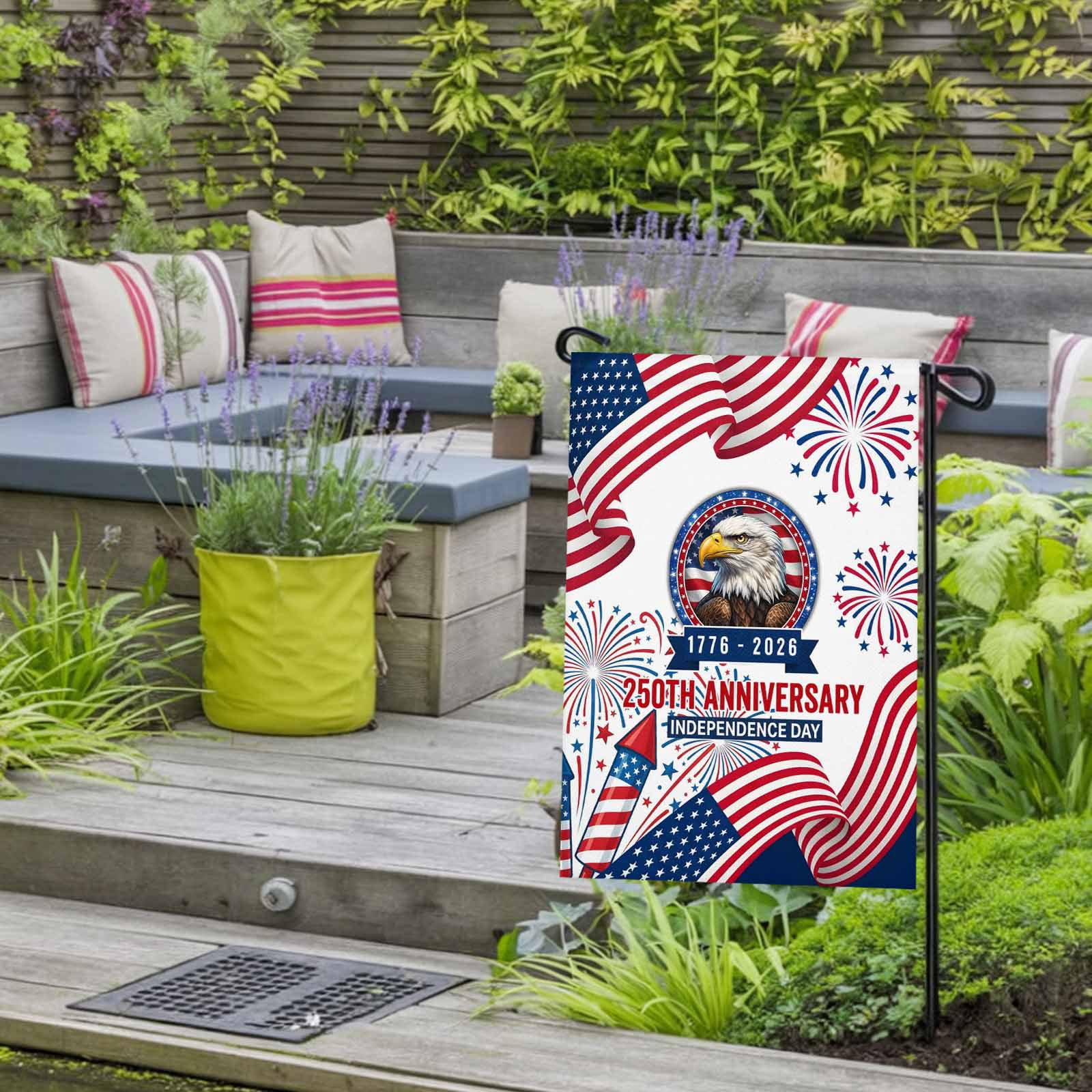 4th of July Garden Flags 250th Anniversary Garden Flag Double Sided Welcome Flag Eagle Fireworks USA Flag Independence Day Yard Flags for Outdoor Lawn Porch Memorial Day Holiday Decor 28x40 Inch