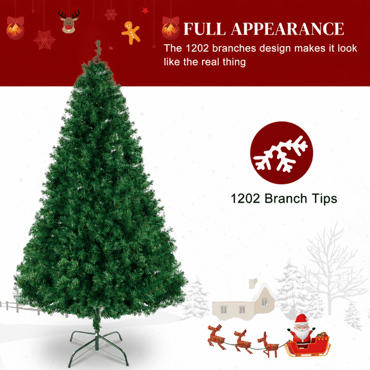 Alvantor 6 ft Unlit Artificial Christmas Tree with 1202 PVC Branch Tips and 3-Screw Metal Stand, Green