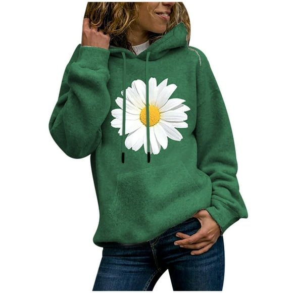 Rbaofujie Cute Hoodies Winter Ladies Long-Sleeved Pullover Print Round Neck Hooded Sweatshirt Green Womens Sweater
