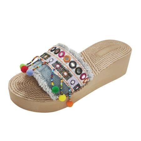 

chaolei Women s Sandals Size 9 Sandals Women s Fashion Wedge Sandals Beach Women s Summer Denim Linen Sandals Tassel Women s sandals Long Walks