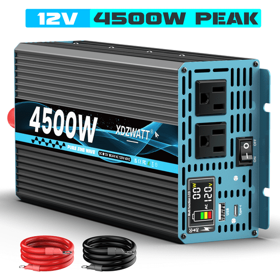Pure Sine Wave Inverter 2200 Watt, 12V DC to 120V AC Inverters for RV, Truck, Solar, Home, Power Inverter with 2 AC Outlet,  USB-C, 5V 3.4A USB, Hardwire Port, Surge 4500W
