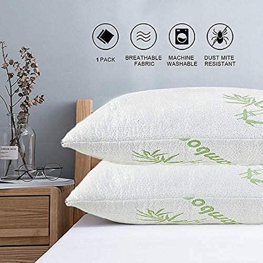 Bamboo Pillow Queen Size - Adjustable -Shredded Memory Foam +1 Extra Cover for Sleeping Ultra Soft/Firm, Cool, Breathable & Zippered, Relieves Neck Pain, Snoring & Asthma, Back/Stomach/Side Sleepers