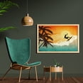 thumbnail image 2 of Grunge Wall Art with Frame, Illustration of Tropical Island Surfer on Sea Waves and Palms at Sunset, Printed Fabric Poster for Bathroom Living Room, 35" x 23", Orange Turquoise Black, by Ambesonne, 2 of 2