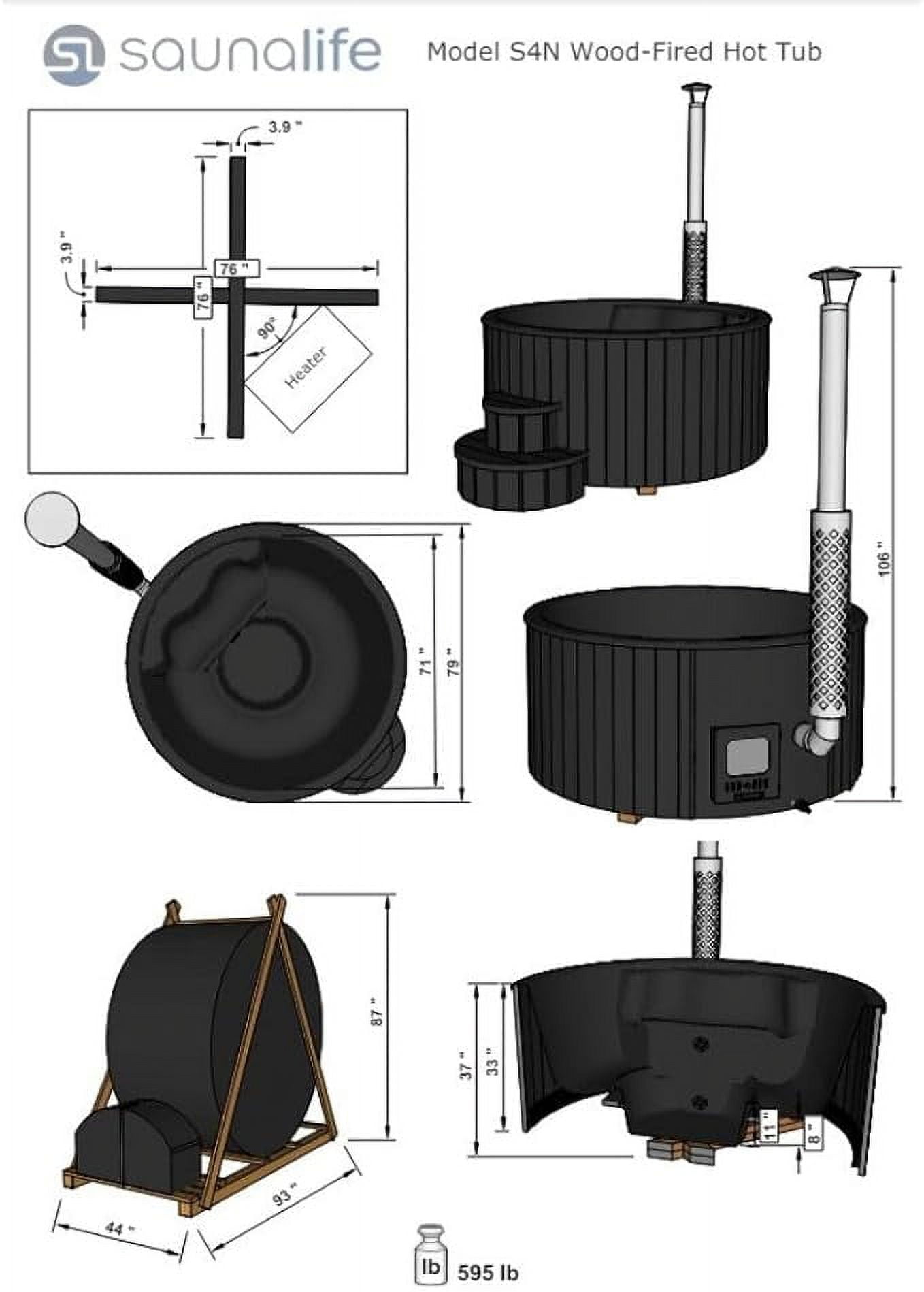 Model S4B Wood-Fired Hot Tub Soak-Series Home Wood-Burning Hot Tub, Black, Up to 6 Persons