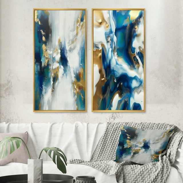 Designart "Transcendental Blues Abstract in Blue and Gold I" Abstract Painting Framed Wall Art Set Of 2 - Modern Gold Gallery Wall Frame Set For Home Decor