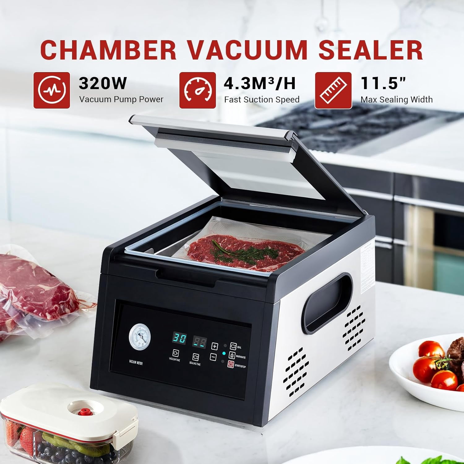 QinaQin Chamber Vacuum Sealer with Marinating Function,Auto Seal,Stainless Steel,Professional Food Vacuum Packaging Machine for Household and Commercial Use,Black