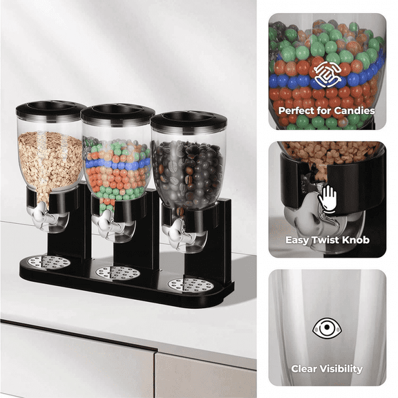 Cereal Dispenser Countertop, Triple Food Dispenser, Rotating Dry Food Dispenser with Portion Control, Air Tight Grain Storage Container Dispenser For Oatmeal,Snack, Candy Nut Grain Granola