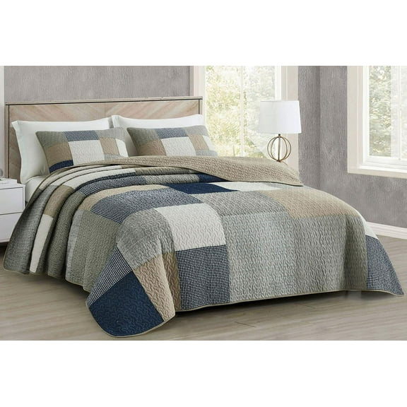 Chezmoi Collection 3-Piece Plaid Cotton Patchwork Quilt Reversible Lightweight Bedspread Set, Queen Size