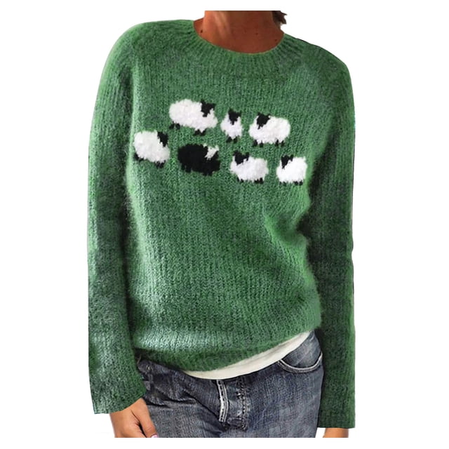 Frostluinai Chandails d'Automne pour Femmes Manches Longues Chandails Tricotés Amusants Col Rond Vintage Imprimé Isle Clair Chandails Confortables Raglan Chandail Tops