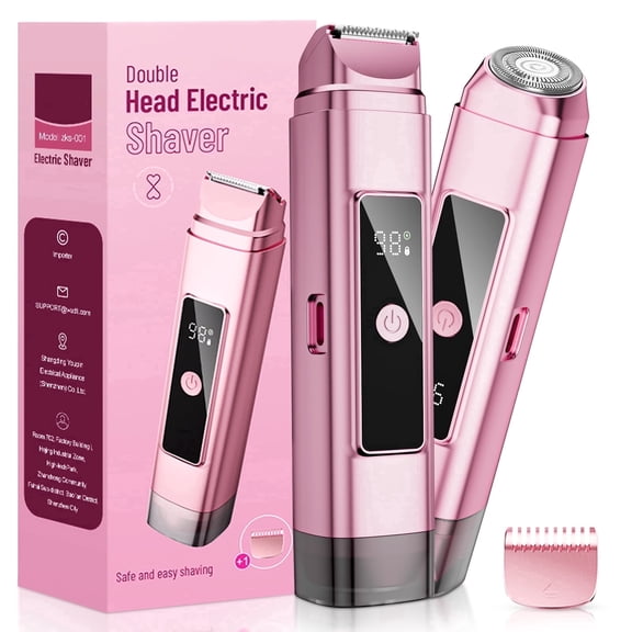 Skdwakiz 2 in 1 Women Electric Shaver, Dual Head Bikini Trimmer for Women, IPX7 Waterproof Wet & Dry Body Pubic Hair Trimmer, Cordless Lady Electric Razor for Face, Underarm & Legs, Pink