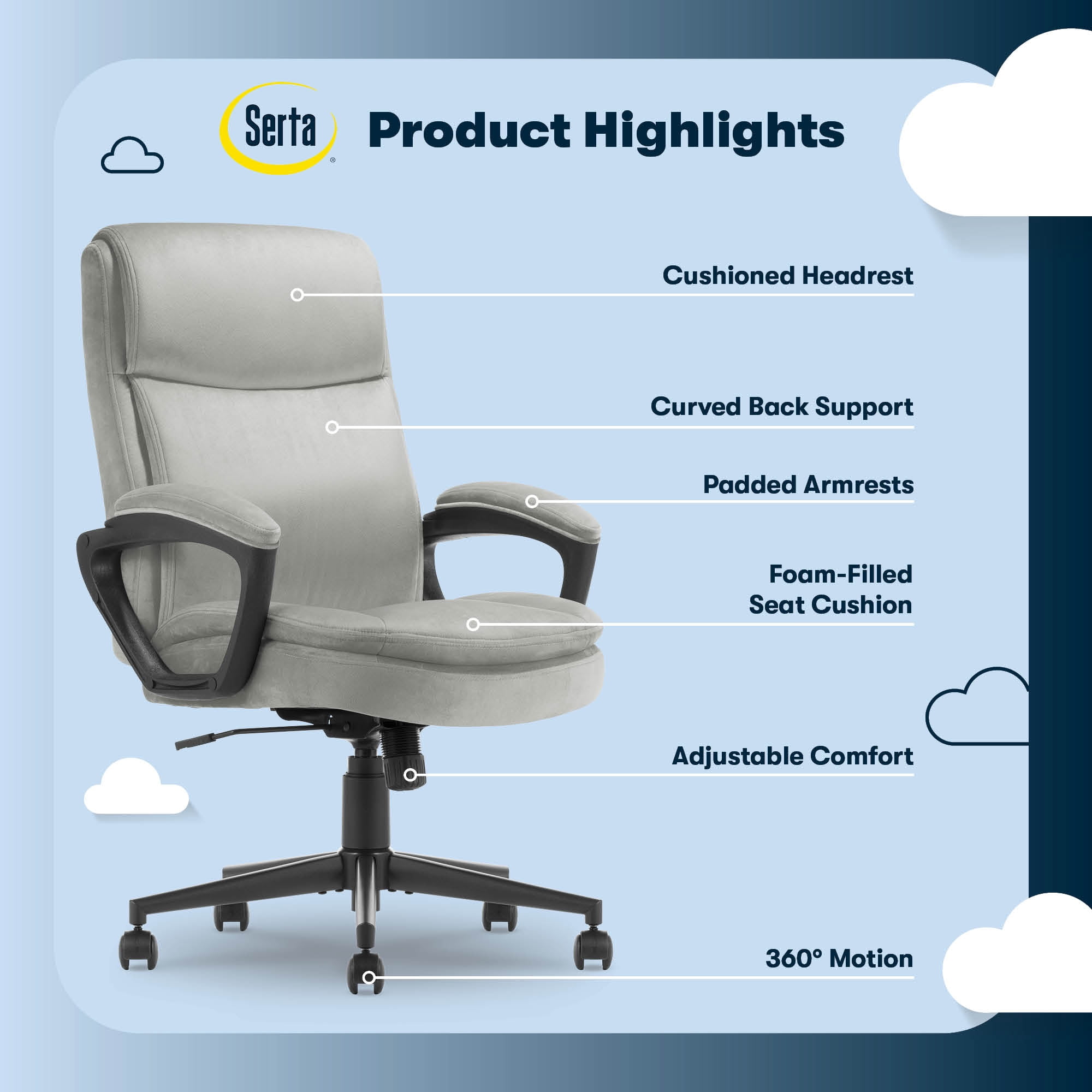 Serta Comfort Ergo Executive Office Chair, Ergonomic Mid-Back Design with Lumbar Support, Soft Velvet, Gray