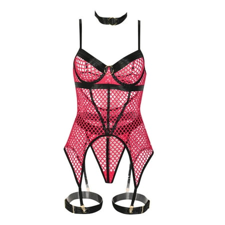 Puawkoer Women s Sexy Lingerie Skirt Plus Size Bustier Lingerie for Women 3 Piece Set Large Lace Maternity Lingerie Mesh Splicing with Steel Ring Hanging Neck Leg Ring Underwear