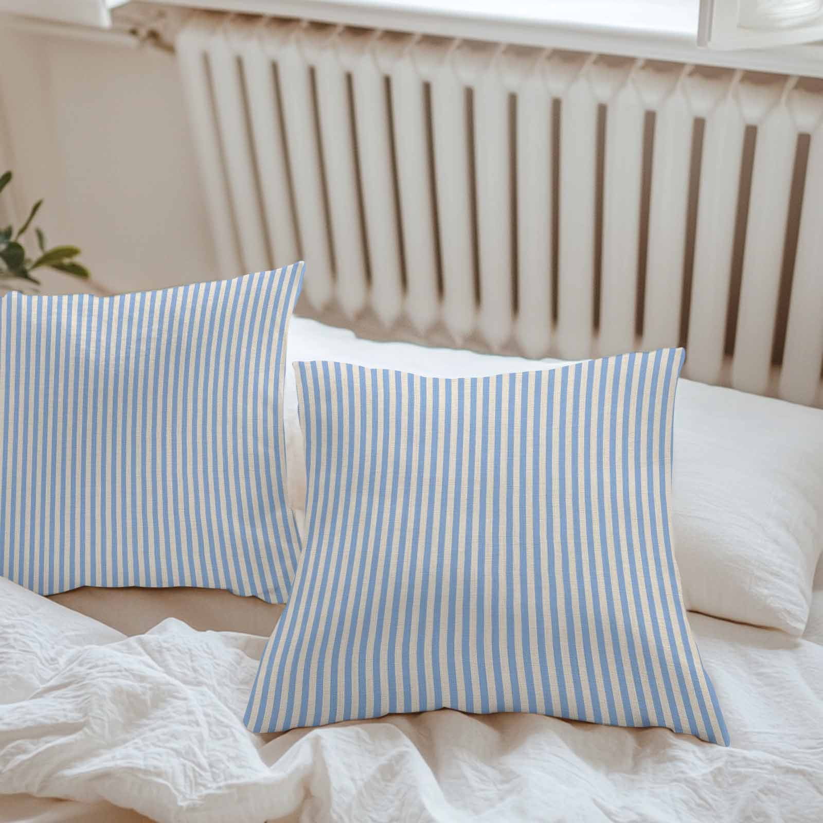 Waterproof Throw Pillow Covers 16x16 Set of 2, Modern Blue Striped on Linen Outdoor Pillowcases with Invisible Zipper, Vintage Vertical Stripes Decorative Cushion Covers for Patio Garden Sofa Couch