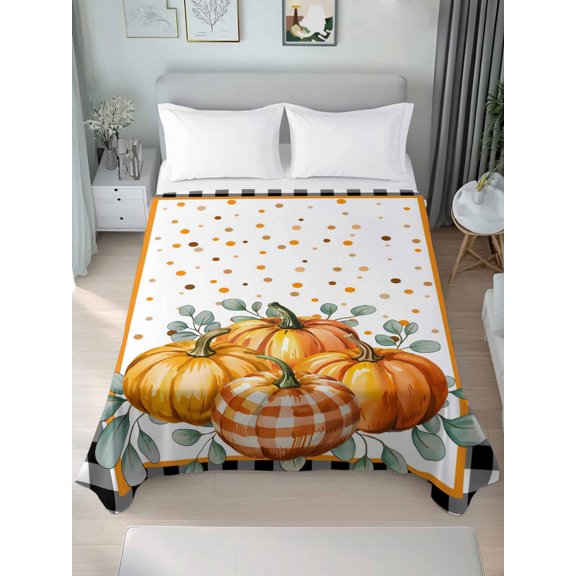 Queen Flat Sheet Only Watercolor Thanksgiving Pumpkins Soft Microfiber Cooling Bedding Sheets Black White Plaid Flat Bed Sheet for Hotel,Home Decor