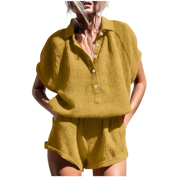 Erwazi Womens Two Piece Lounge Set Solid Button Down Short Sleeve Shirt Pocket Shorts Homewear Matching Sets
