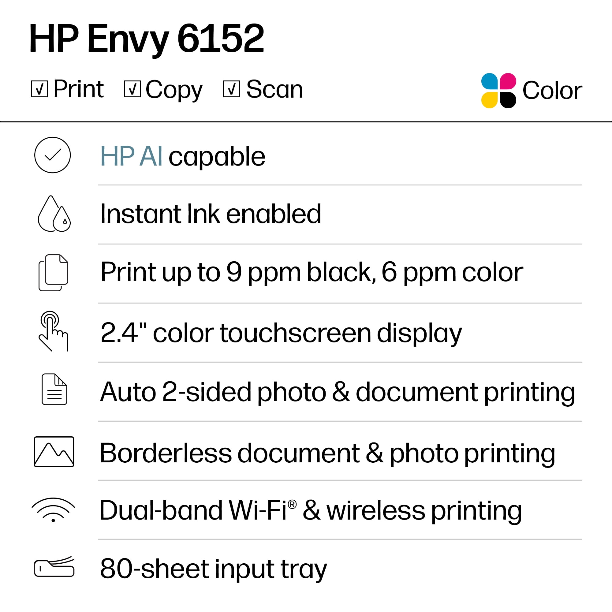 HP Envy 6152 Wireless All-in-One Color Photo Inkjet Printer, Scanner, Copier, 3mos Free Instant Ink