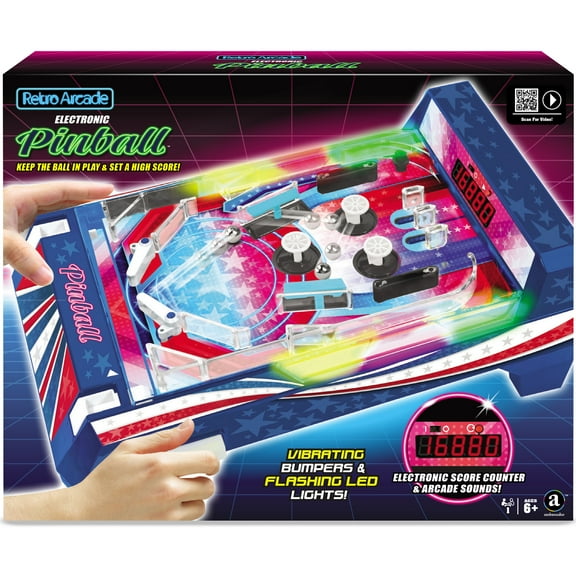 Retro Arcade Electronic: Pinball - Tabletop Game, Vibrating Bumpers, LED Lights, Sound Effects, 1 Player, Ages 6 