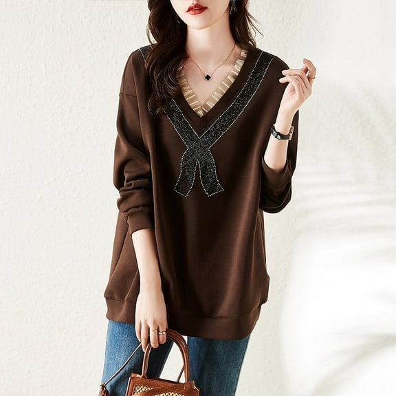 New V-neck Bow Rhinestone Sweater