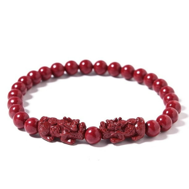 Pulsera de cinabrio con dos dijes de Pixius, cuentas rojas de 10 mm