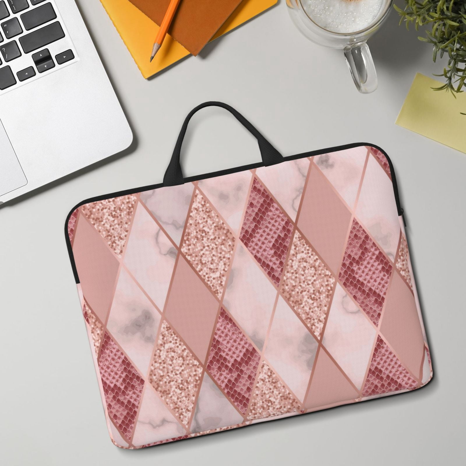 Laptop Sleeve Case Bag Protective Carrying Case with Handle for 14 inch Laptop, Rose Gold Marble Snakeskin Geometric