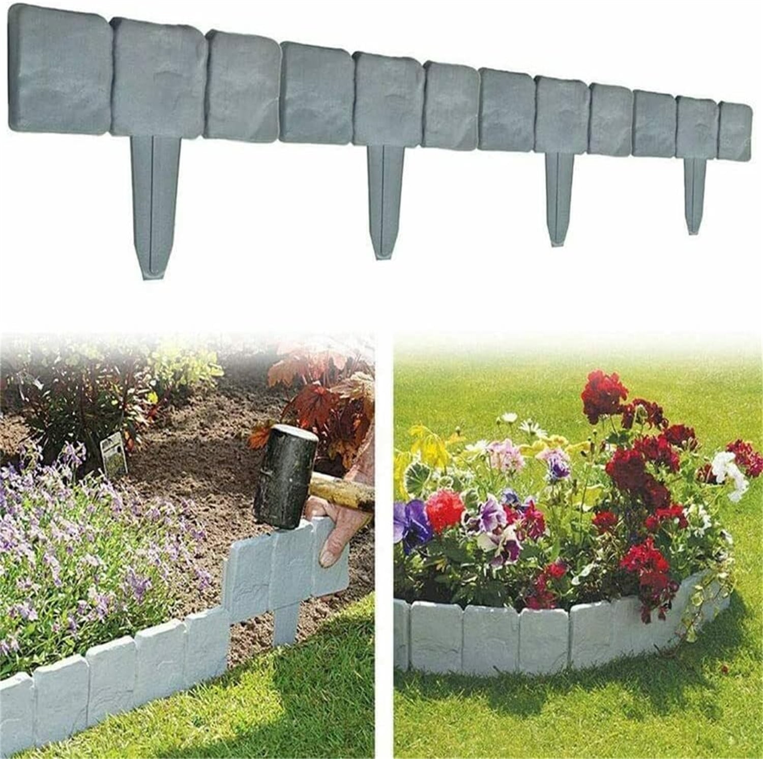 Topboutique 10 Pcs Landscape Edging Border,Garden Edging,No Dig Plastic Stone Effect Edging for Landscaping,Flower Bed Edging for Flower Beds/Gardens/Lawns/Patios/DIY Yard Landscaping,Gray