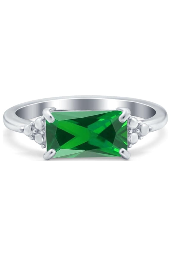 Emerald Cut Sideways Ring Simulated Green Emerald Cubic Zirconia 925 Sterling Silver Size 7