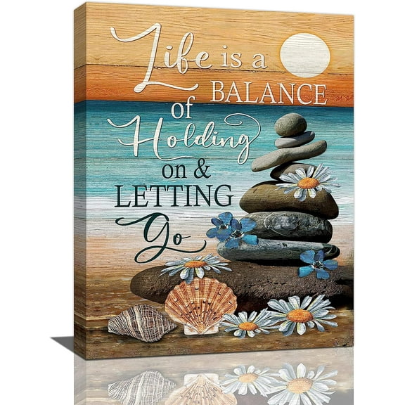 Inspirational Coastal Beach Canvas Wall Art Ocean Sunset Zen Stones Wall Decor Life Quotes Pictures Painting Prints Framed Artwork Decor for Bedroom Bathroom Living Room 12"x16"