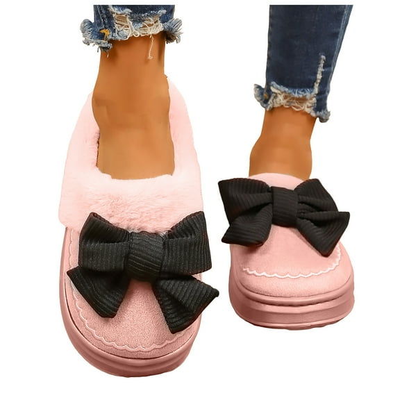 Suede Platform Slippers for Women Sweet Bowknot Winter Plush Warm Comfy Soft Sole Nonslip Casual Slip on House Shoes Red Size 6.5