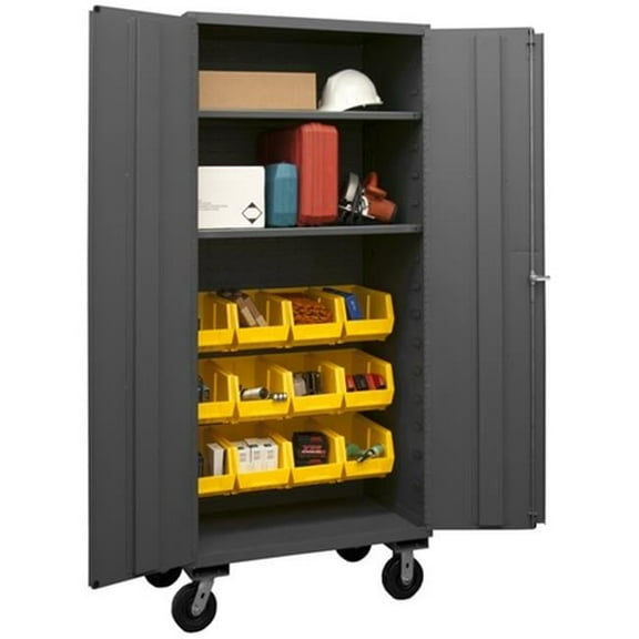 Durham 3501M-BLP-12-2S-95 14 Gauge Flush Door Style Lockable Mobile Cabinet with 12 Yellow Hook on Bins & 2 Adjustable Shelves, Gray - 36 in.