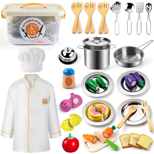 Set de cocina Pretend Play Juboury con utensilios de cocina de acero inoxidable