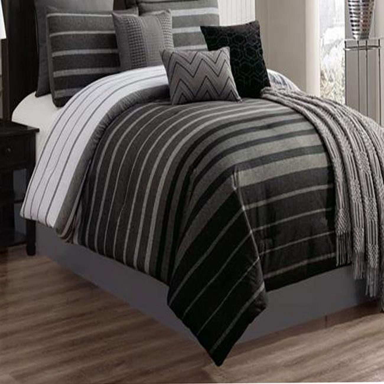 Riverbrook Home 10 PC Comforter Set, Queen, Black/Grey, Barkley, Striped, Polyfil Filling, Adult