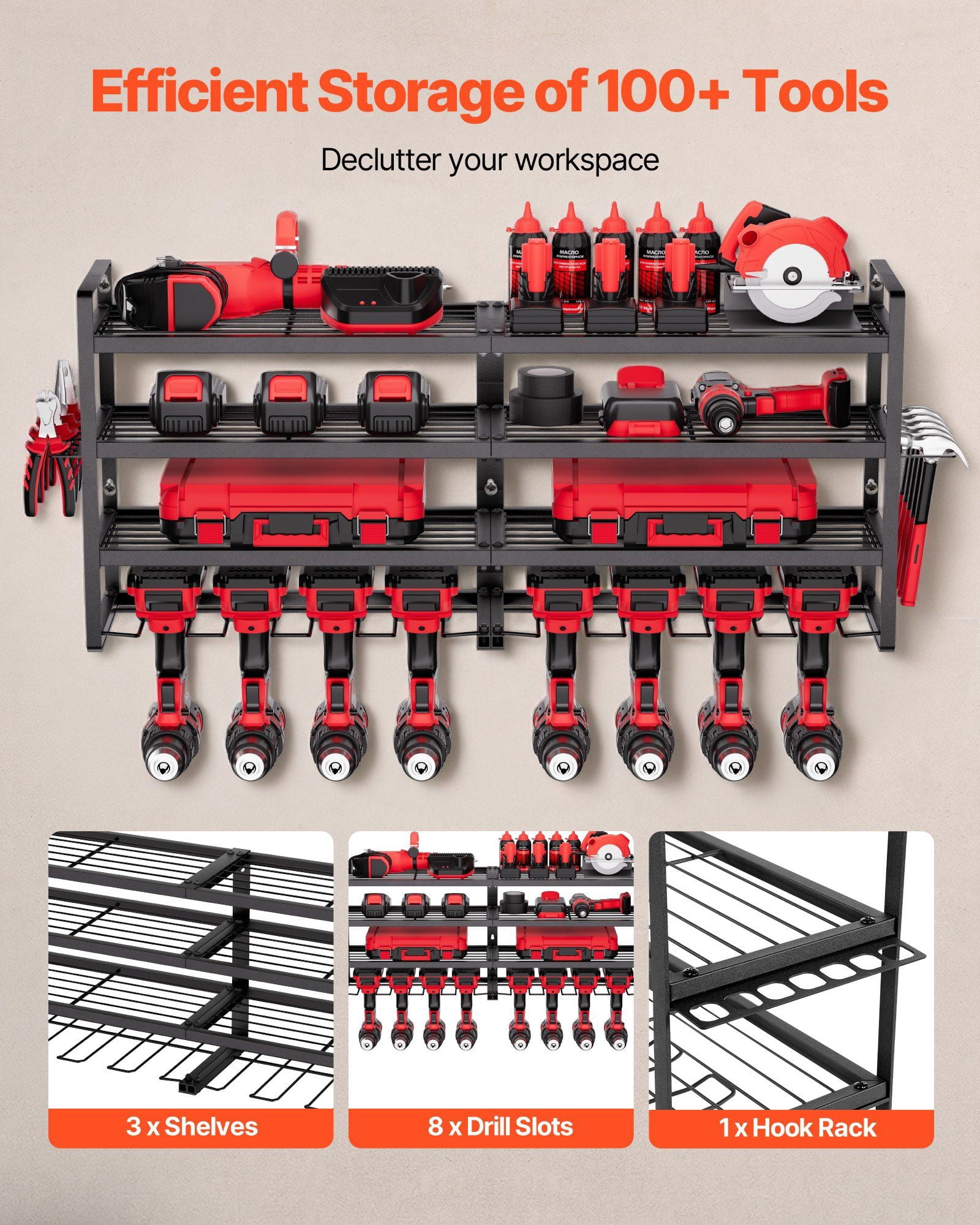 Wall Mount Power Tool Organizer 4 Layer Storage Rack with 8 Drill Holders and Screwdriver Holder for Garage Workbench Workshop