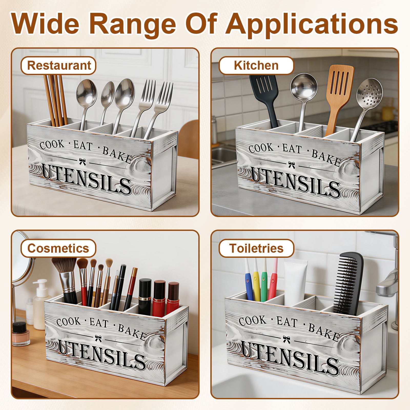 Ihvewuo Wooden Utensil Holder Sturdy Kitchen Cooking Utensil Organizer with 4 Detachable Compartment Utensil Crock Holder for Kitchen Countertop Farmhouse Kitchen Decor Black