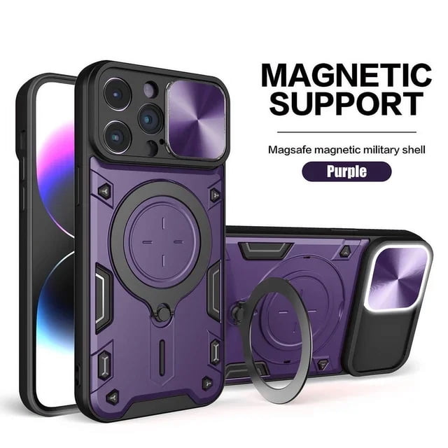 Étui pour iPhone 16 15 14 13 12 11 Pro Max Plus 8 7 Plus Magnétique Rotative Caméra Coulissante 360 Rotation Support Étui Violette pour iPhone 14 ProMax