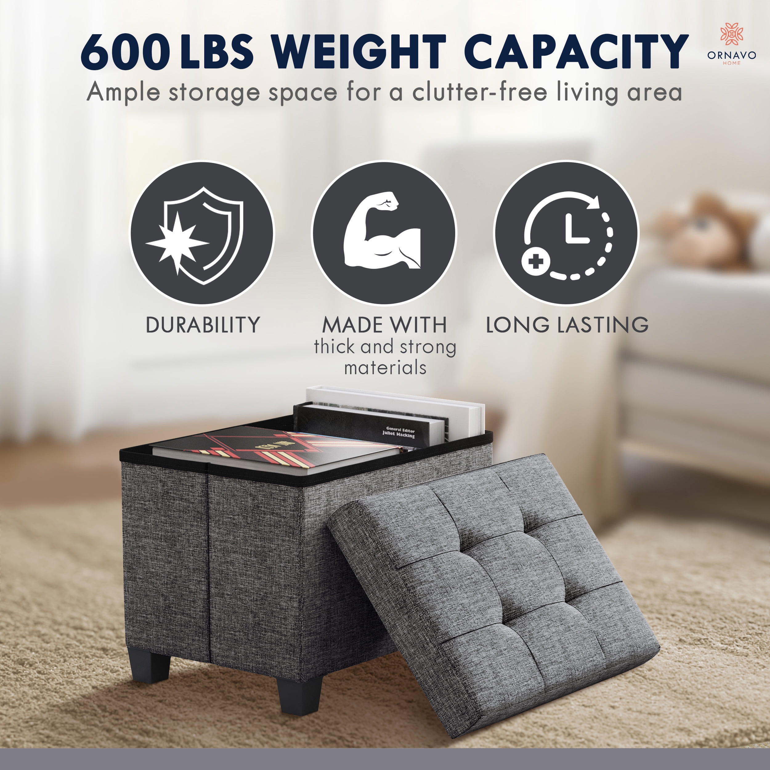 Ornavo Home Storage Ottoman Small Rectangle Ottoman with Legs, Foot Rest Stool Seat, Load up to 600 LB, for Living Room, Bedroom, Home Office, Dorm - 12 x 16 x 12, Dark Gray