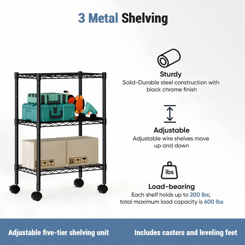 Kelno 3 Tier Wire Shelving with Lockable Wheels Adjustable Metal Storage Rack, Black