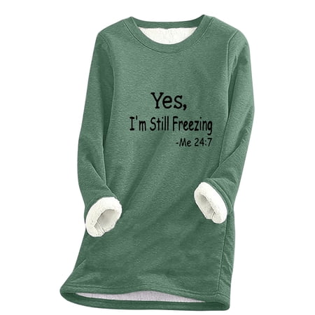 Royisotas Letter Print Sweatshirts for Women Winter Plus Size Long Sleeve Fleece Pullover Green Crew Neck Casual Tunic Hoodless Tops
