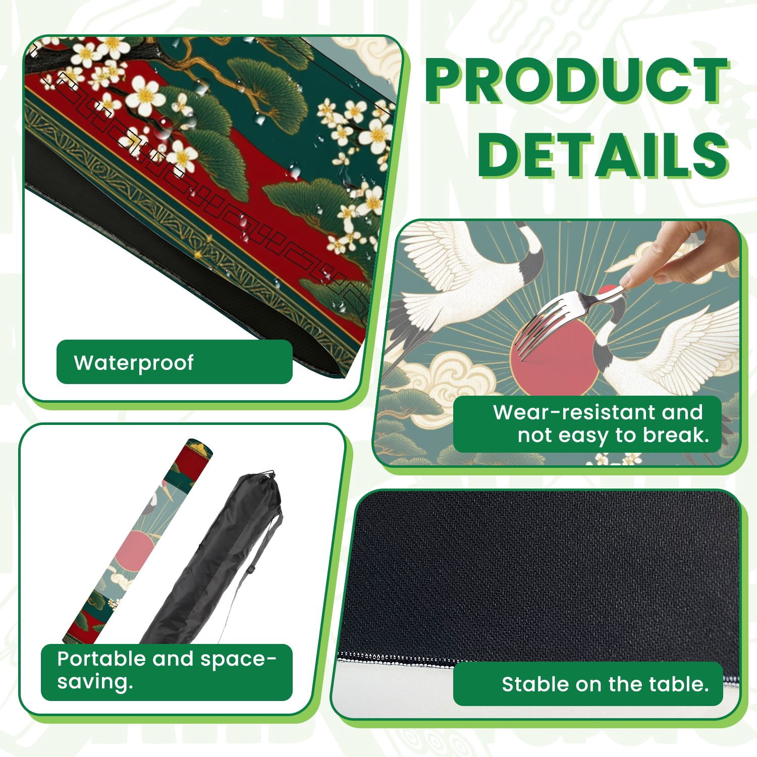 Mahjong Mat 31.5" x 31.5" Elegant Pair Cranes Red Sun Pine Trees Blossoms Traditional Asian Non-Slip Noise Reduction American Mahjong Tiles Table Cover for Dominoes Poker Card Board Games Gift
