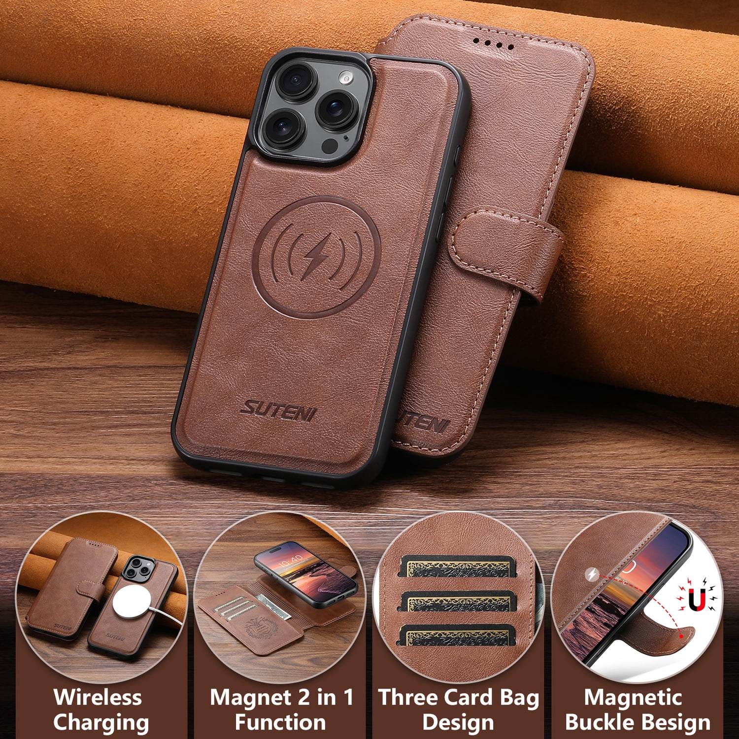 for iPhone 14 Pro Max Detachable Wallet Case, PU Leather Magnetic Cover Support Wireless Charging & Magnetic Car Mount, Card Slots Holder, Flip Stand, Folio Full Body Protective Phone Shell, Brown